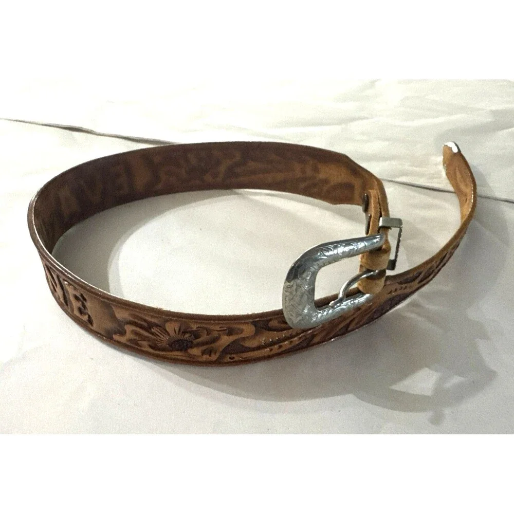 Vintage Western Leather Cowboy Belt “Eva Jane” Engraved Silver Buckle 29” Kids